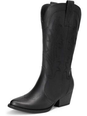 Women's Mid Calf Cowgirl Point Toe Chunky Heel Black Embroidery Western Boots